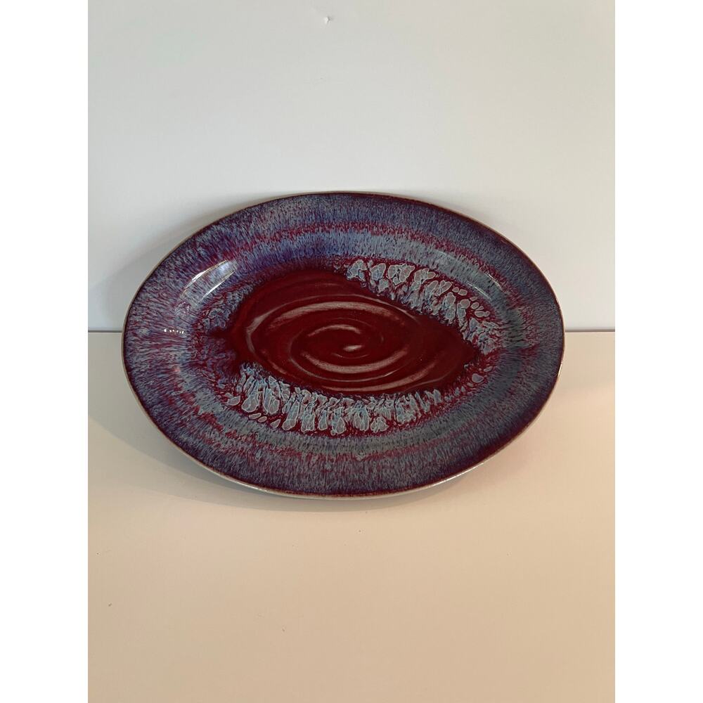 Jason Silverman Signed Glazed Ceramic Unique Decorative Plate Blue & Red